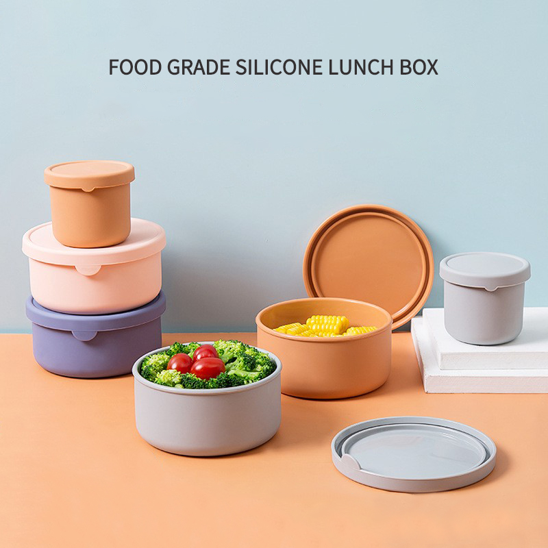 Kids Silicone Lunch Box with Lid Food Fruit Salad Fresh-Keeping Bowl Bento Box Kitchen Storage Containers Leak Proof