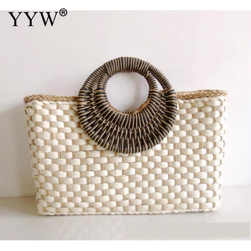 Bolso de paja con pompón para mujer, bolsa de mano con asa superior, ideal para playa, pícnic, Tailandia, Verano