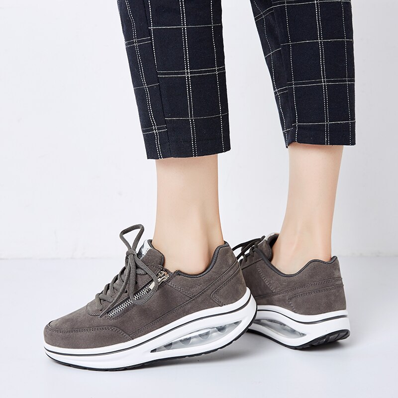 Women Flat Walking Shoes Platform Suede Leather Black Gray Ladies Toning Shoes Height Increasing Light Weight Sneaker Female