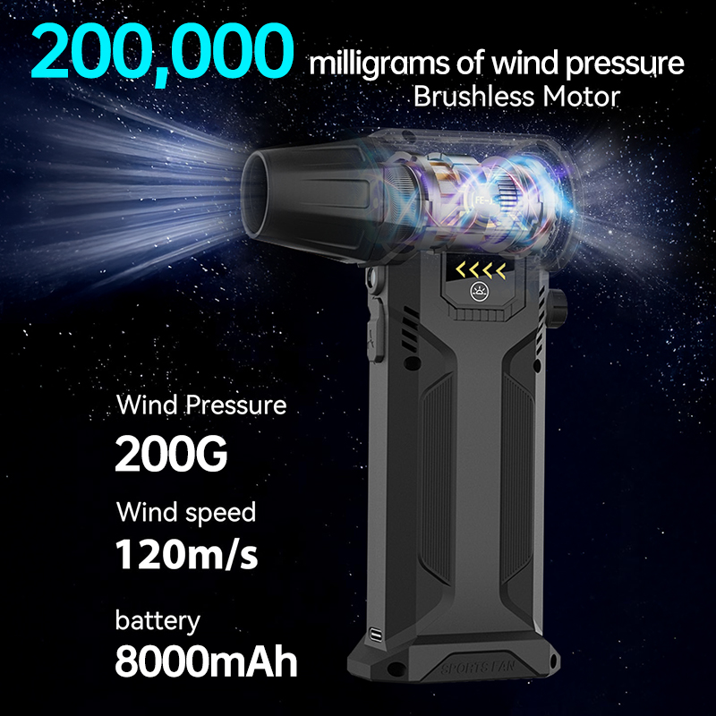 200000 Souffleur d'air électrique RPM, ventilateur turborétique, moteur sans balais, ventilateur puissant à grande vitesse, chargement USB, collecteur de poussière puissant