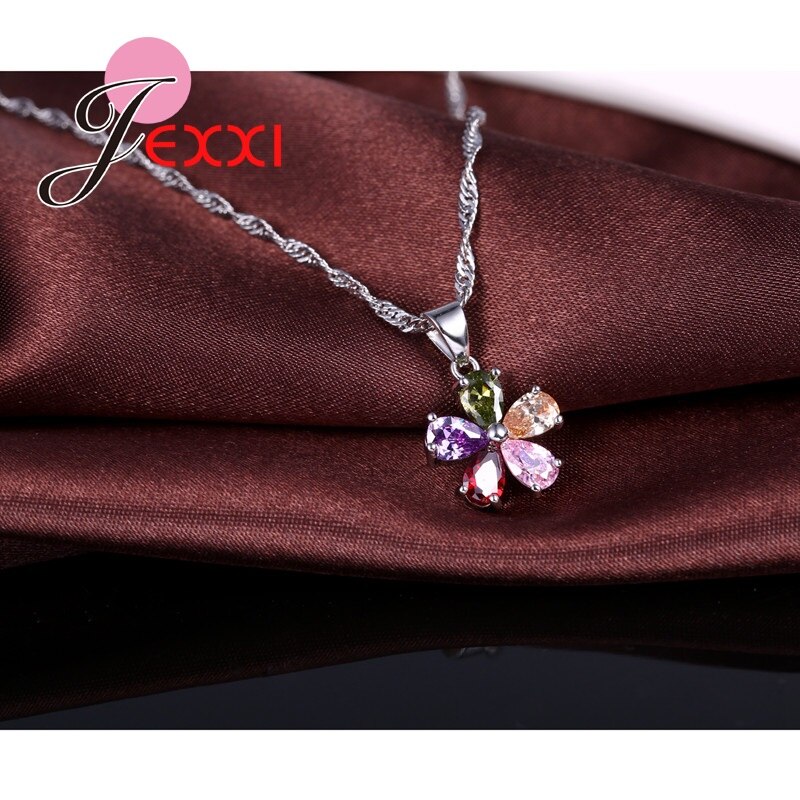 Vijf Kleuren Bloem Sieraden Sets Met Kleurrijke Cubic Zirkoon Hanger/Ketting/Oorbellen/Ring Sieraden Set