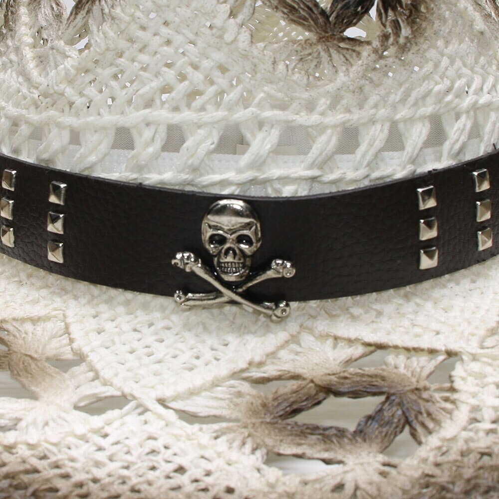 Luckylianji Retro Zomer Vintage Vrouwen Mannen Brede Rand Stro Strand Cowboy Cowgirl Westerse Hoed Hollow Out Skull Lederen Band 58Cm