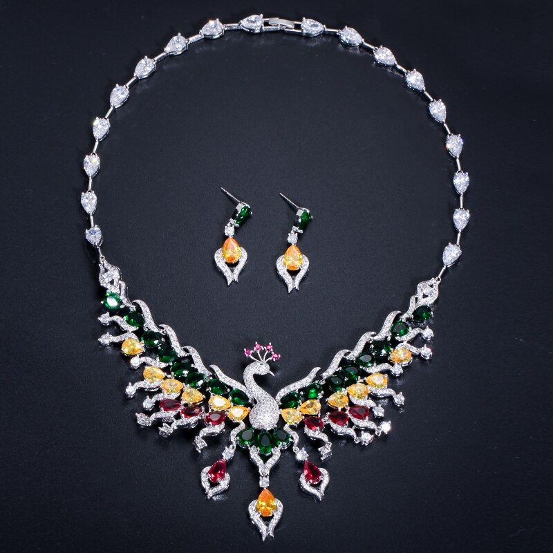 CWWZircons Luxury Multicolored Cubic Zirconia Big Peacock Choker Necklace Wedding Jewellery Set Bridal Costume Jewelry T331