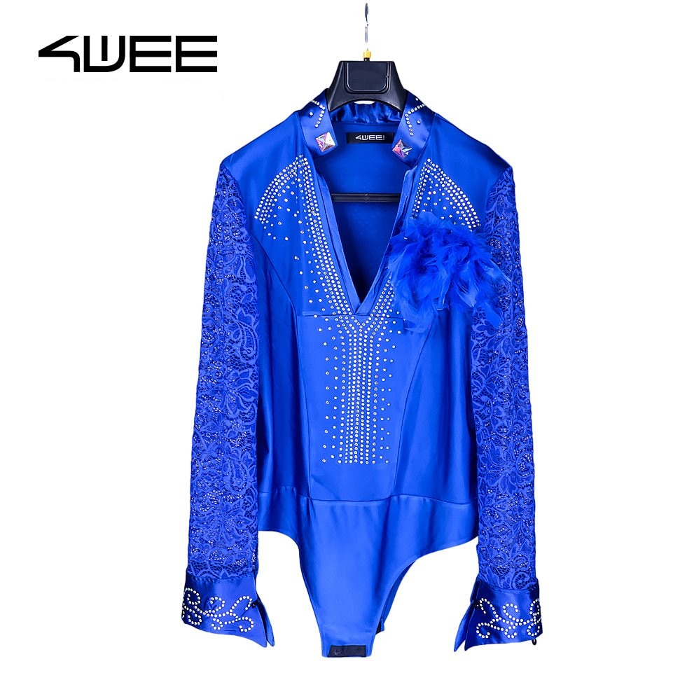 Ballroom Latin Dance Shirts Male Black Long Sleeve Lace V Collar Shirt Men Samba Cha Cha Dancing Tops Performance Wear