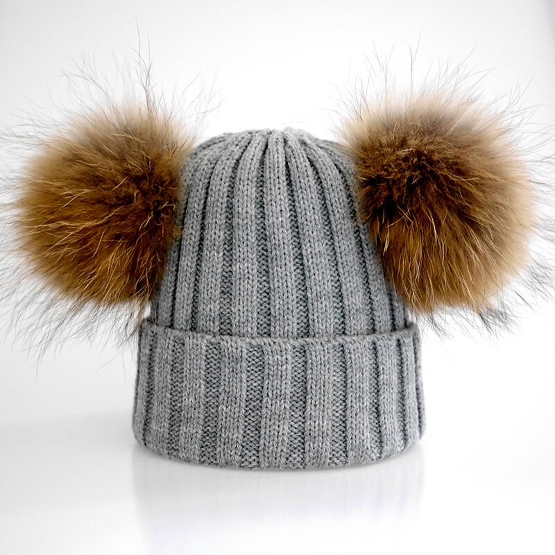 Volwassen Dubbele Bont Pompon Winter Hoeden voor Vrouwen Wol Blend Gebreide Heren Hoeden en Caps: grey natural pom