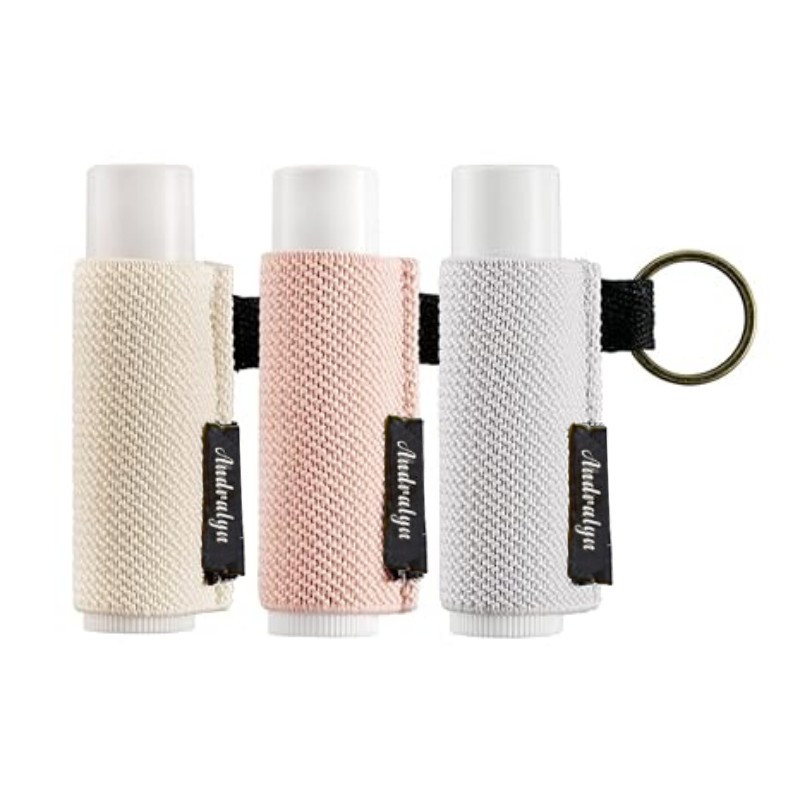 Soporte para bálsamo labial, llavero con Clip en funda para lápiz labial, funda para lápiz labial, llavero elástico de punto ajustado para bálsamo labial: Gris