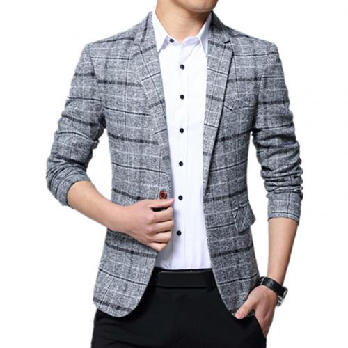 Mode Mannen Blazers Plaid Revers Slanke Blazer Jacket Coat Een Knop Pak Mannen Kleding Мужская Куртка: Grey / XXXXL