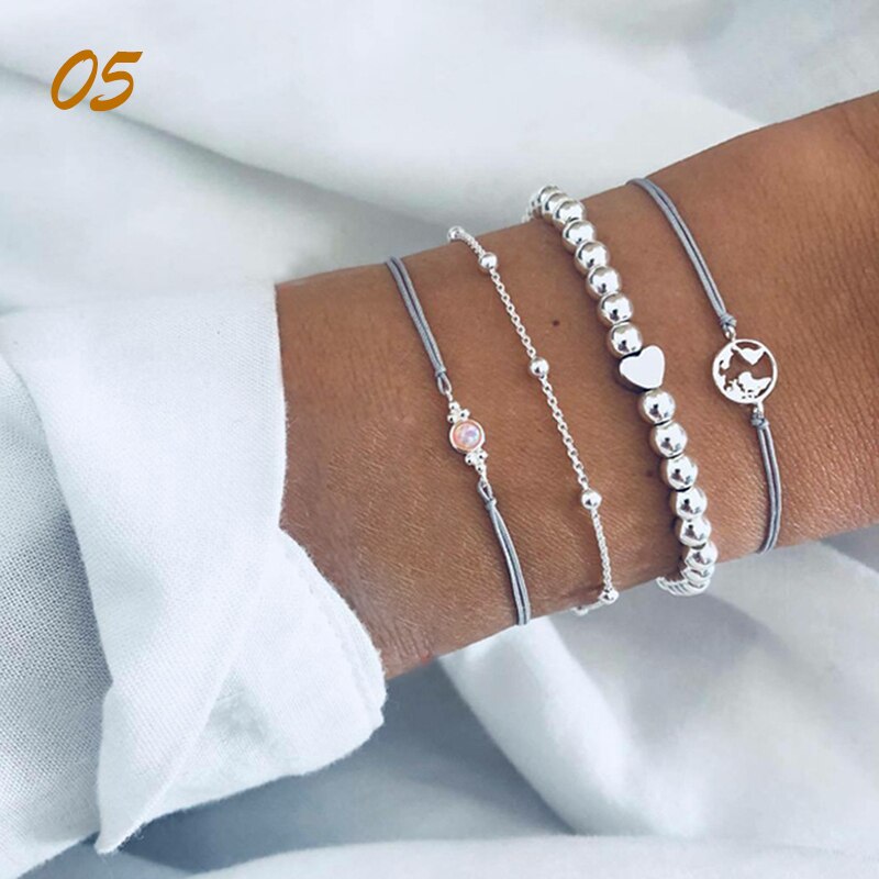 4 unids/set Bohemia Vintage pulseras para las mujeres de la joyería de Boho granos geométricos de la mano de la cadena encanto pulsera brazaletes conjunto Набор: 5