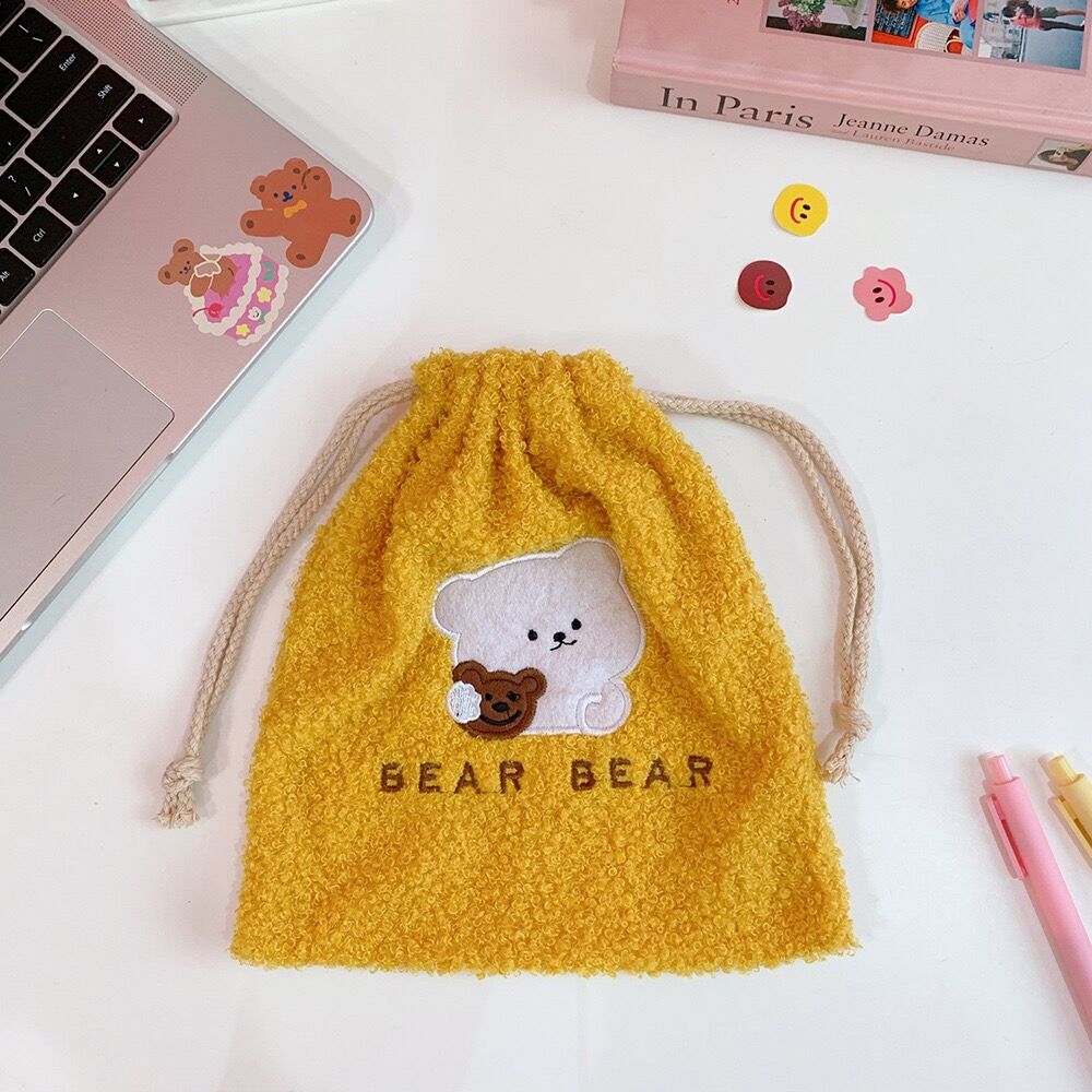 Flannel Soft Korea Ins Bear Dog Makeup Toilet String Bag Cute Home Storage Drawstring Bag Girls Travel Cosmetic Case Wash Pouch: yellow