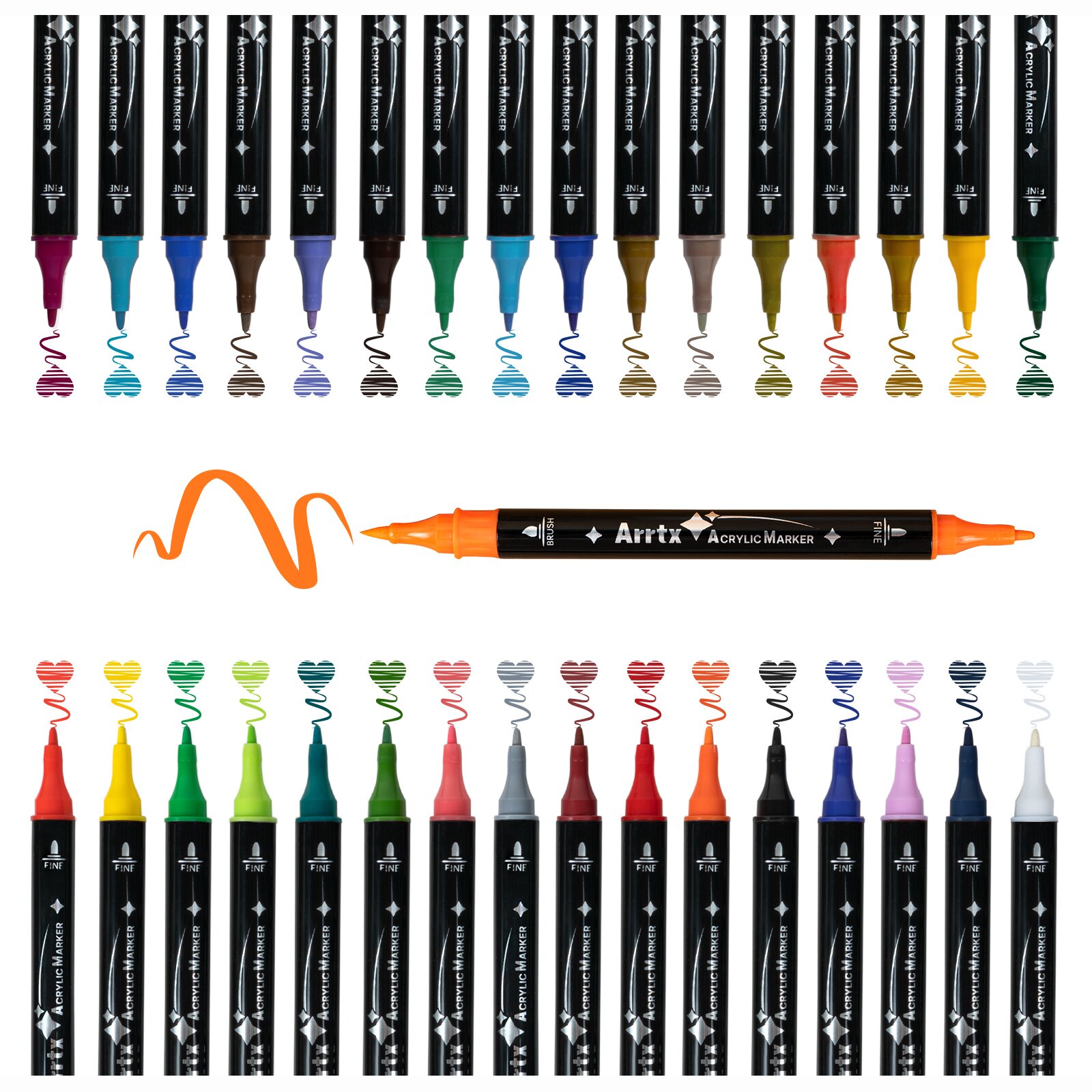 Rotuladores acrílicos Arrtx, juego de marcadores artísticos de 32/64 colores, punta doble suave/dura, secado rápido, resistente al agua, 1,9mm, 3,2mm de ancho de línea