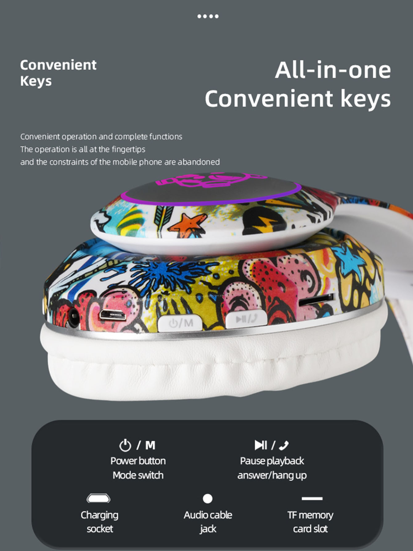 Moda dobrável fone de ouvido bluetooth, design graffiti, botão conveniente integrado, luzes de cor legal fone de ouvido bluetooth
