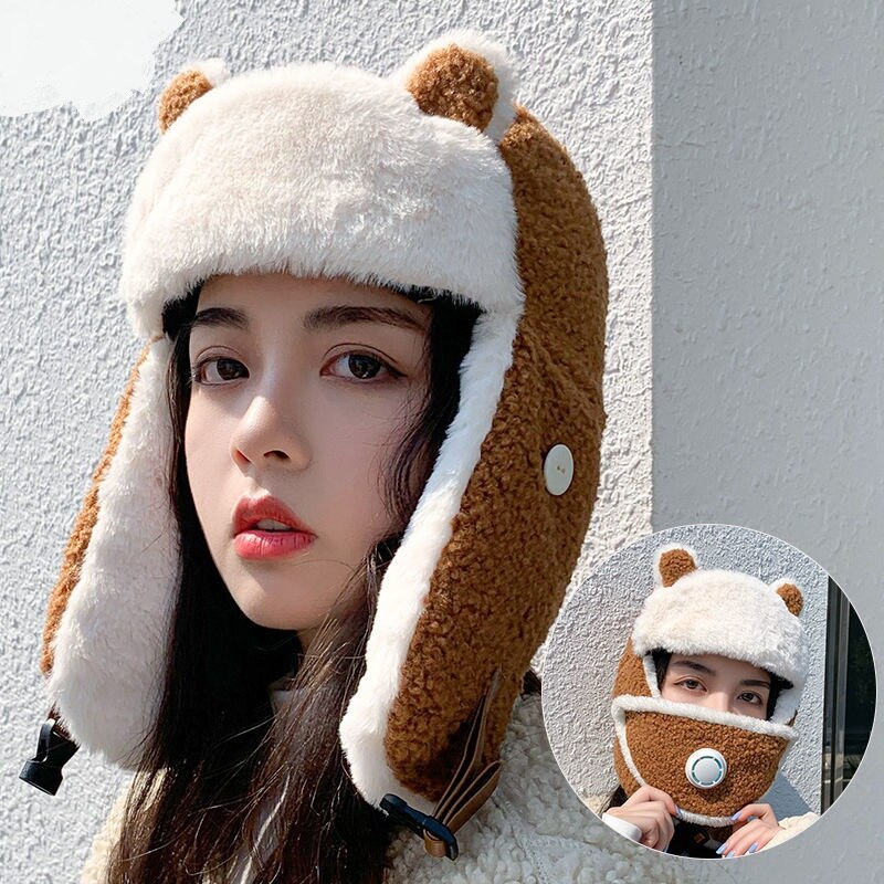 Winter Hat Women Woman Ear Cover Cap Fluffy Bucket Hat: B2Lamb wool