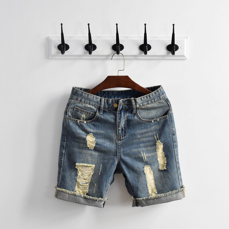 Verano agujero rasgado Big Boy Denim Shorts clásico rodilla lavada Streetwear ropa de playa cremallera Fly pantalones para hombre: 28
