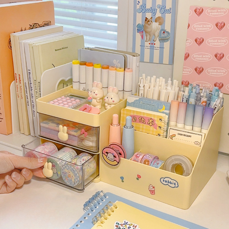 Organizador multifuncional de portalápices Kawaii, caja de almacenamiento de lápices de papelería de escritorio, cajón de escritorio, caja de almacenamiento multicapa Ins bonita