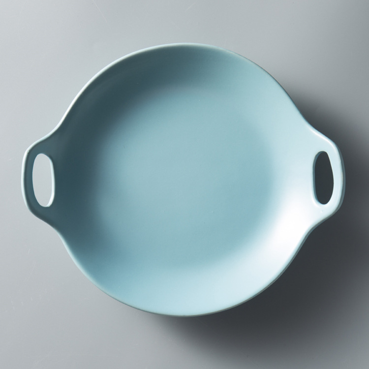 Japanese Simple Style Ceramic Ear Plate Dinner Breakfast Fruit Plate Food Tray Porcelain Home Restaurant Dinnerware 1pcs: round blue