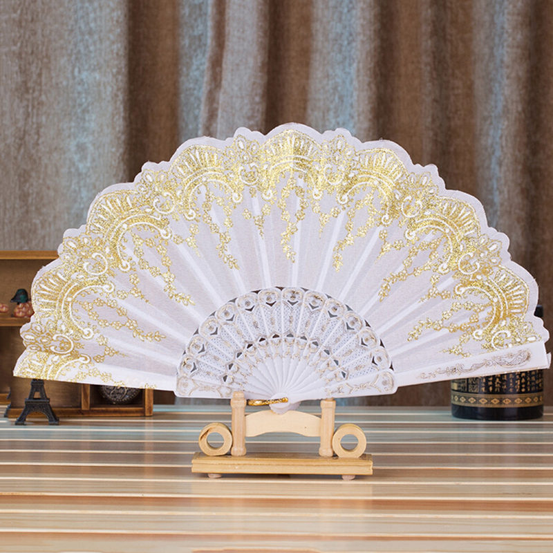 Ventilador plegable de poliéster con patrón de flores, 7 estilos, estilo chino tradicional de encaje con bronce, abanico plegable de tela ventilador plegable, decoración del hogar 1 unidad: 2