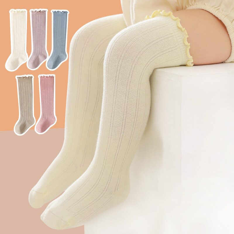 Leuke Streep Effen Kleur Over De Knie Baby Meisjes Kousen Sokken Baby Katoenen Zachte Warme Casual Kinderen Sokken meisje