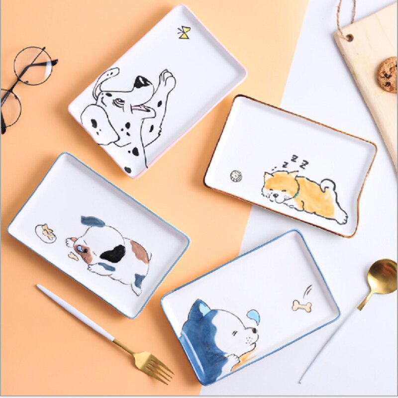 Cartoon Puppy Japanse Stijl Vierkante Plaat Keramische Plaat Rechthoekige Sushi Tray Leuke Hond Schotel Creatieve Kinderen Diner Plaat