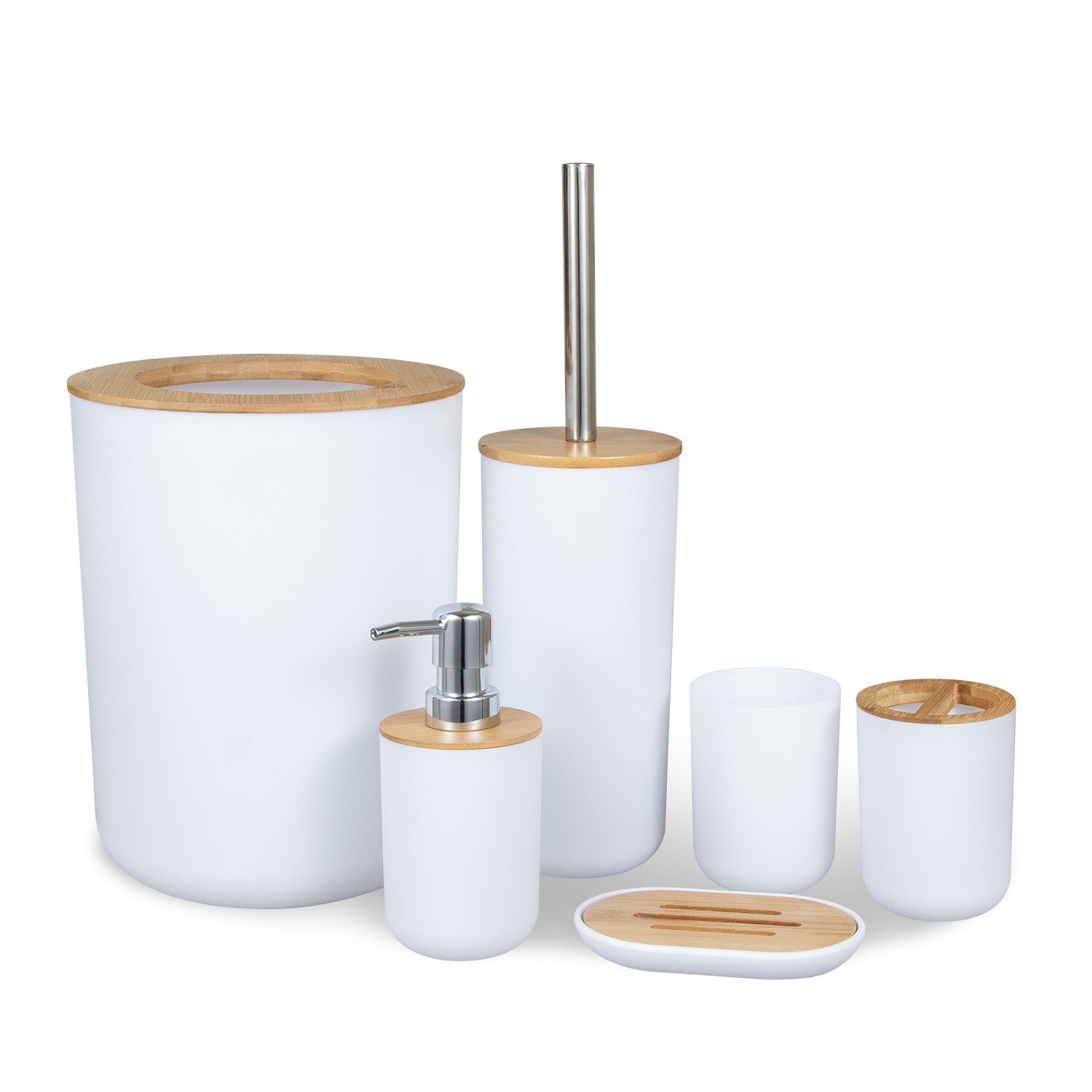 Set  of 6 badrumstillbehör i plast set med tandborsthållare av bambu tandkrämsdosa tvållåda toalett duschförvaring: Vit