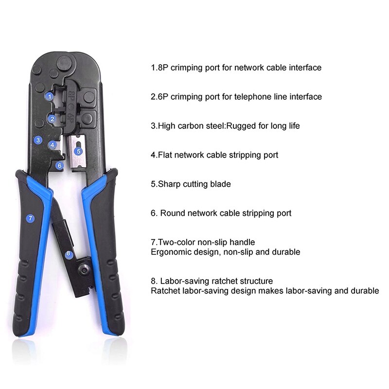 Crimping Tool, 8P/Rj-45 & 6P/Rj-12, Rj-11 Crimp, Cut, Strip Tool with Connectors,Network Wire Stripper and Space Blades
