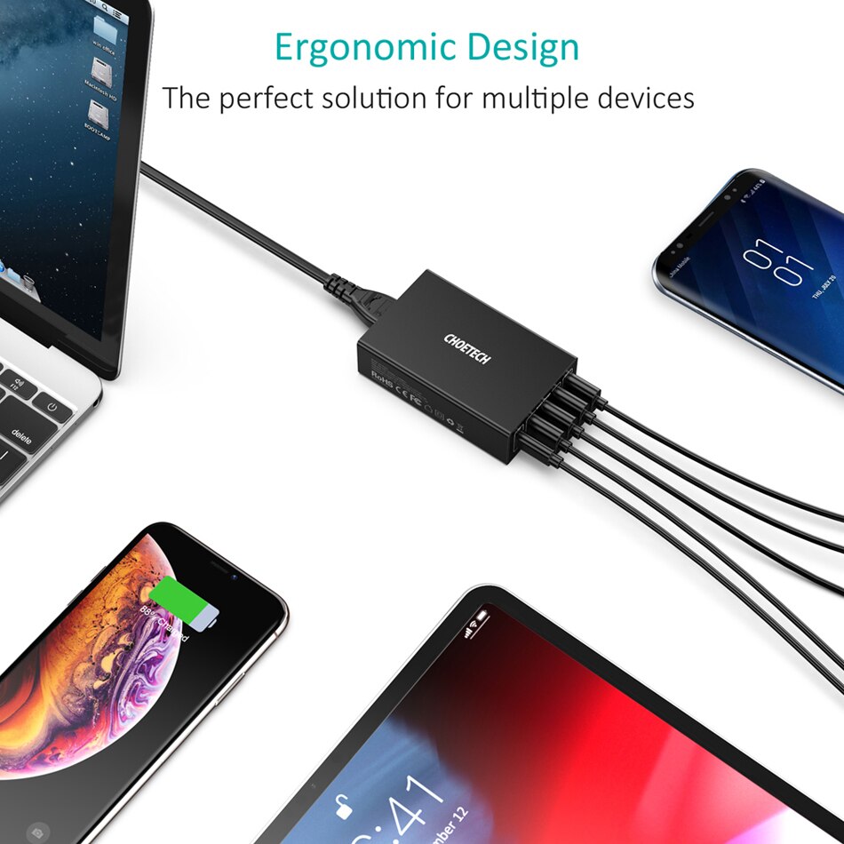 CHOETECH, Cargador USB de 5 puertos, 60W PD, multiestación de carga USB con acoplamiento Universal para teléfono móvil, pared de escritorio, enchufe para UE y Reino Unido