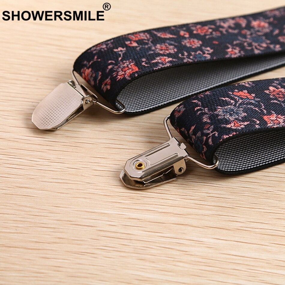 SHOWERSMILE-bretelles Floral pour hommes, larges bretelles Vintage pour pantalons masculin, imprimé marine, ceinture à bretelles arrière en Y avec Clips, 100cm