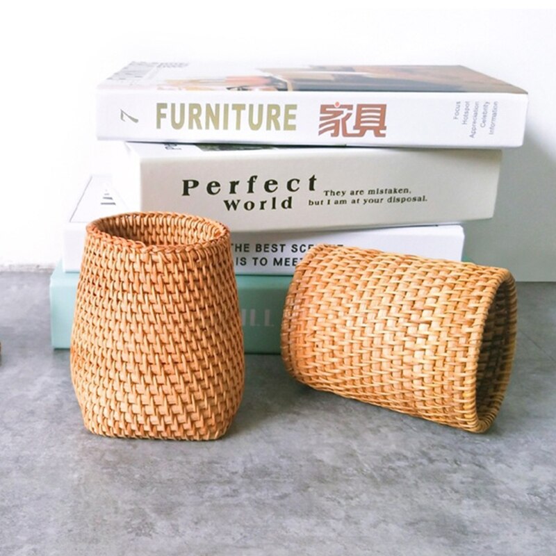 Portalápices de ratán Natural hecho a mano, Cubo de almacenamiento tejido, decoración de escritorio para el hogar y la Oficina, cilindro tejido a mano para el hogar