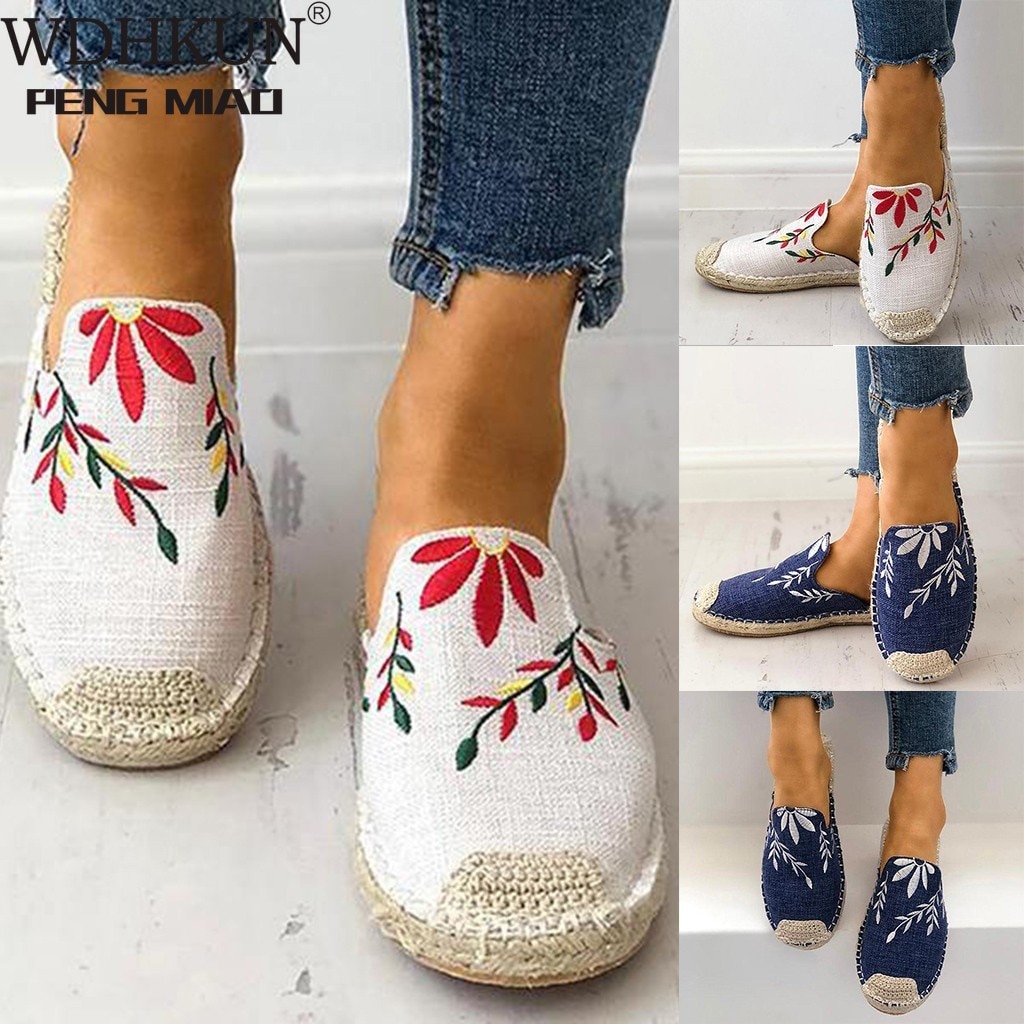 Femmes dames broder sandales plates pantoufle bout rond chaussures décontractées personnalité brodé paille pantoufle sandale