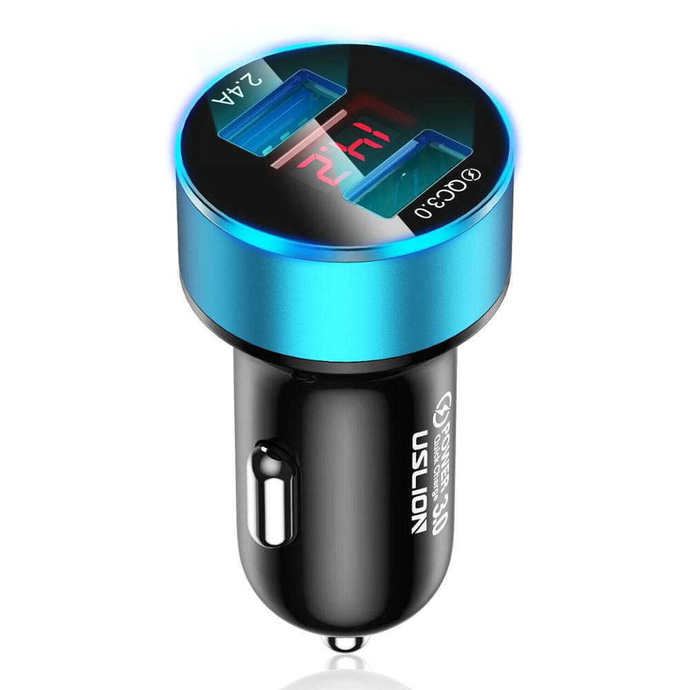 Uslion duplo usb carregador de carro qc 3.0 carregamento rápido adaptador led para telefone celular: Blue