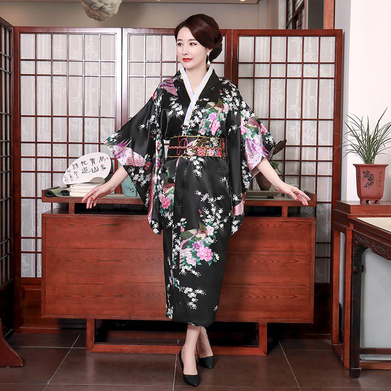 Onesize kvinnlig japansk kimono morgonrock klänning v-ringad satin kvällsfest balklänning vintage cosplay kostym helärmad klänning: Svart 3