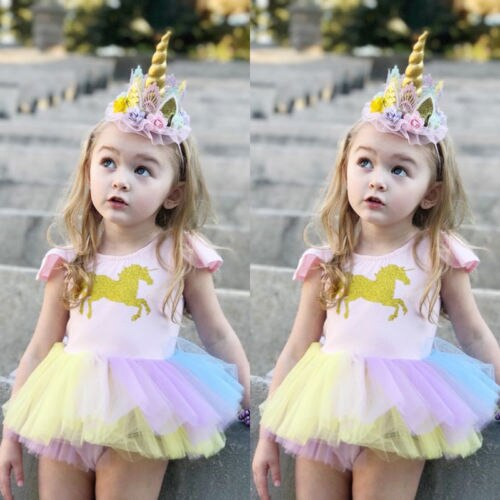 Niñas bebé adorables unicornio encaje Tutu Romper vestido de princesa Tops trajes de ropa