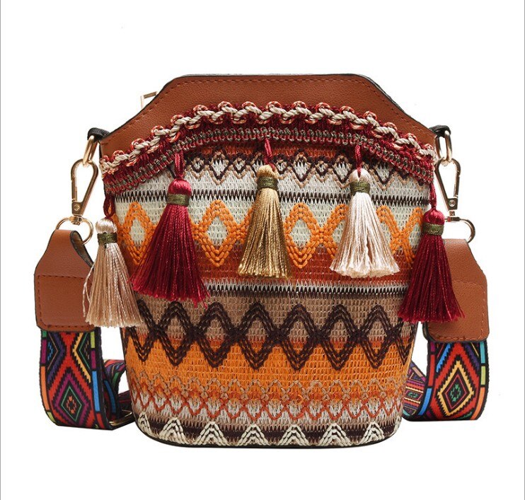 Sac à bandoulière avec pompon pour femmes, ethnique, broderie miroir Hippie, sac à bandoulière: A4