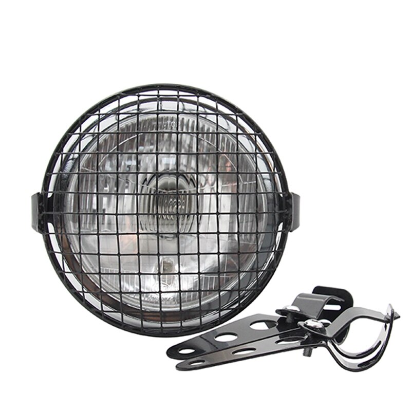 Retro Vintage Motorcycle Universal Side Mount 35W 6.5 Inch Transparent Headlight Cafe Racer with Grille + Bracket Kit