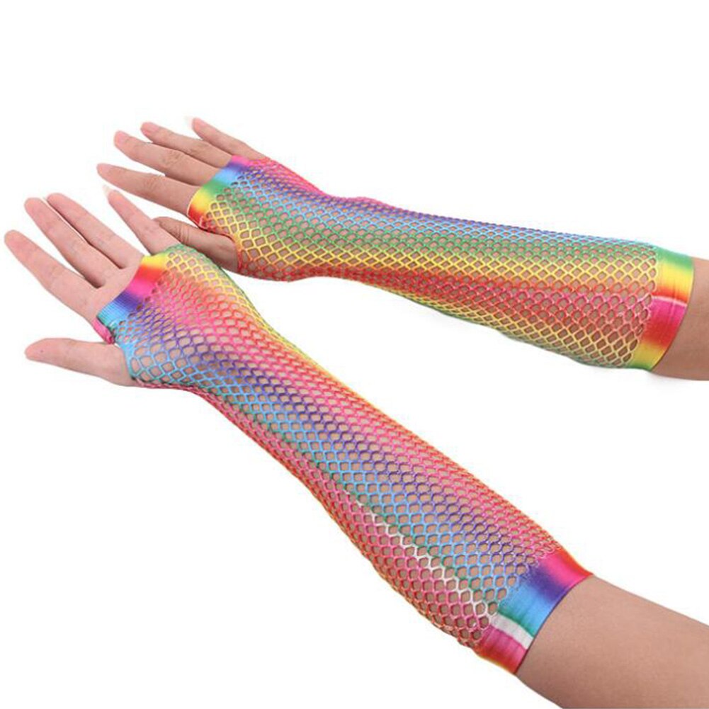 Neue Damen sexy Regenbogen Farbe Gittergewebe Netz Fischnetz Handschuhe Aushöhlen Löcher Finger Handschuhe Dame Disko tanzen Kostüm Halbe Handschuhe