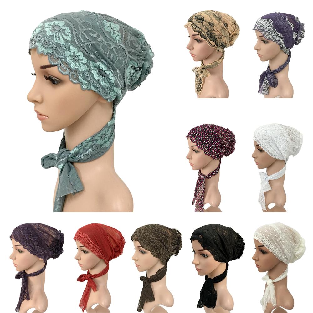Frauen Hütte Moslemisches Hijab Blumen- Spitze strecken Turban Kappe Islam Arabisch Mützen Chemo Hütte Headwear Hijab Hütte Lange Schwanz Ramadan neue Kappe