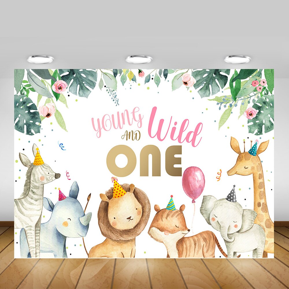 Cartoon Animal Jungle Birthday Backdrop - Kids Forest Photo Studio Prop - Green Leaf Balloons