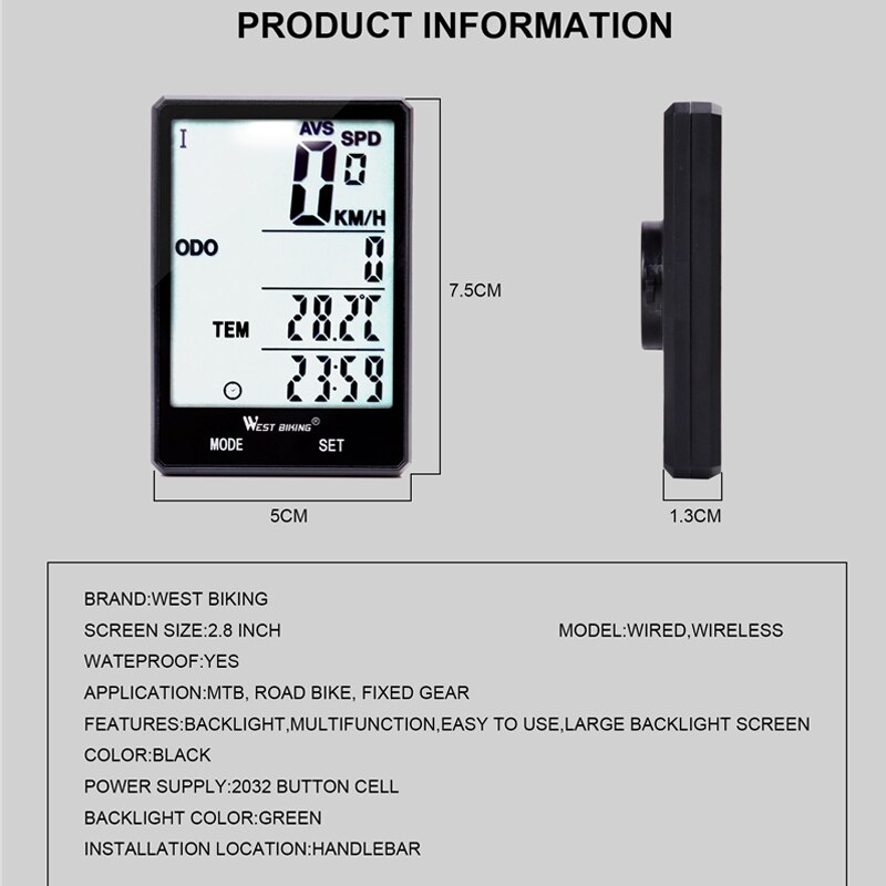 WEST BIKING 2.8 Inch LED Wireless Odometer Bicycle Computer With Backlight Rainproof Speedometer Bike Stopwatch Cadence Sensor