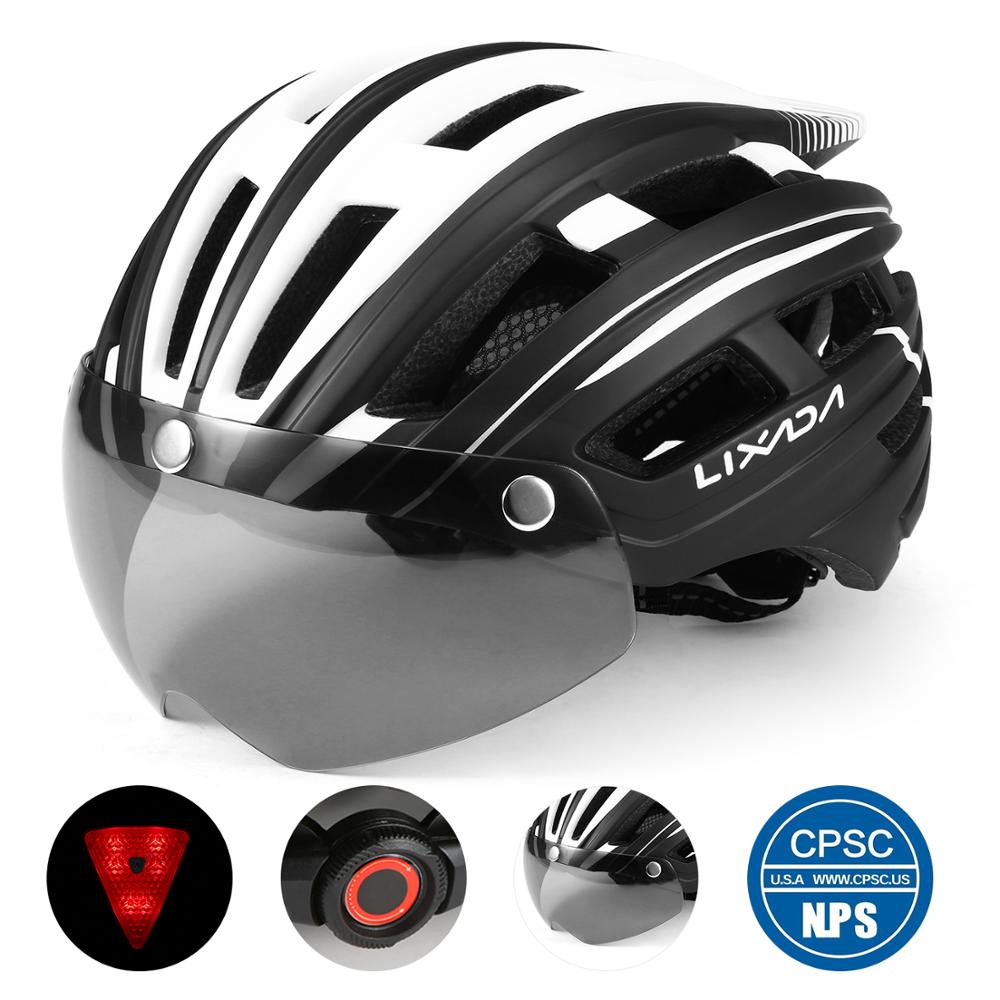 Lixada Mountain Bike Helmet Adjustable Bicycle Motorcycle Helmet with Back Light Detachable Magnetic Visor UV Protective Unisex: Black white