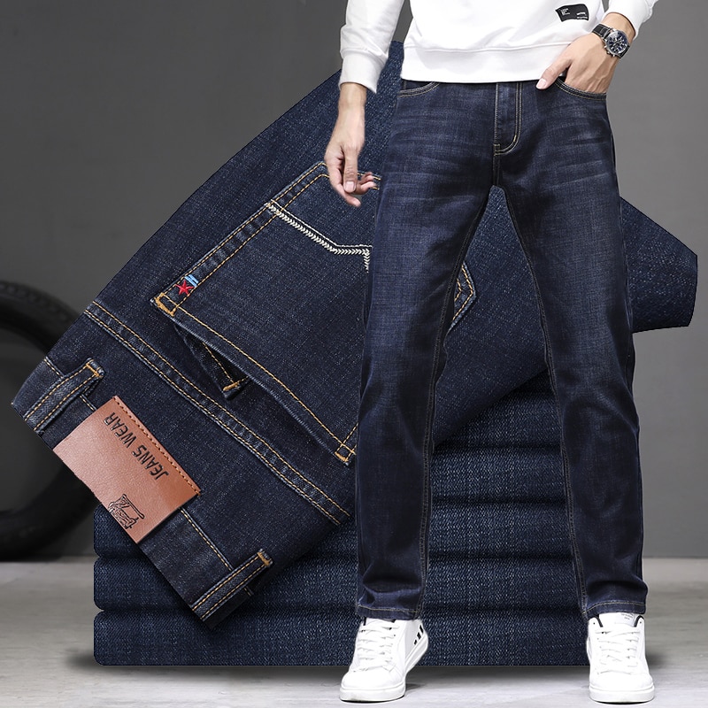 Plus størrelse 42 44 46 vinter menn rett jeans virksomhet klassisk stil denim tøye ut bukser mannlig merke bukser