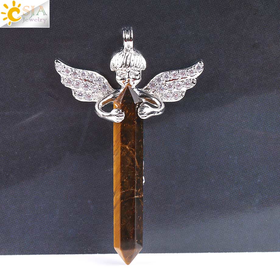 CSJA Gli Uomini e Le Donne Amano Regalo di Cristallo Naturale Gemma di Pietra Lunga Spada Esagonale Prisma Cupido Ali di Angelo Pendenti Con Gemme E Perle per Collane e818: Tiger Eye B