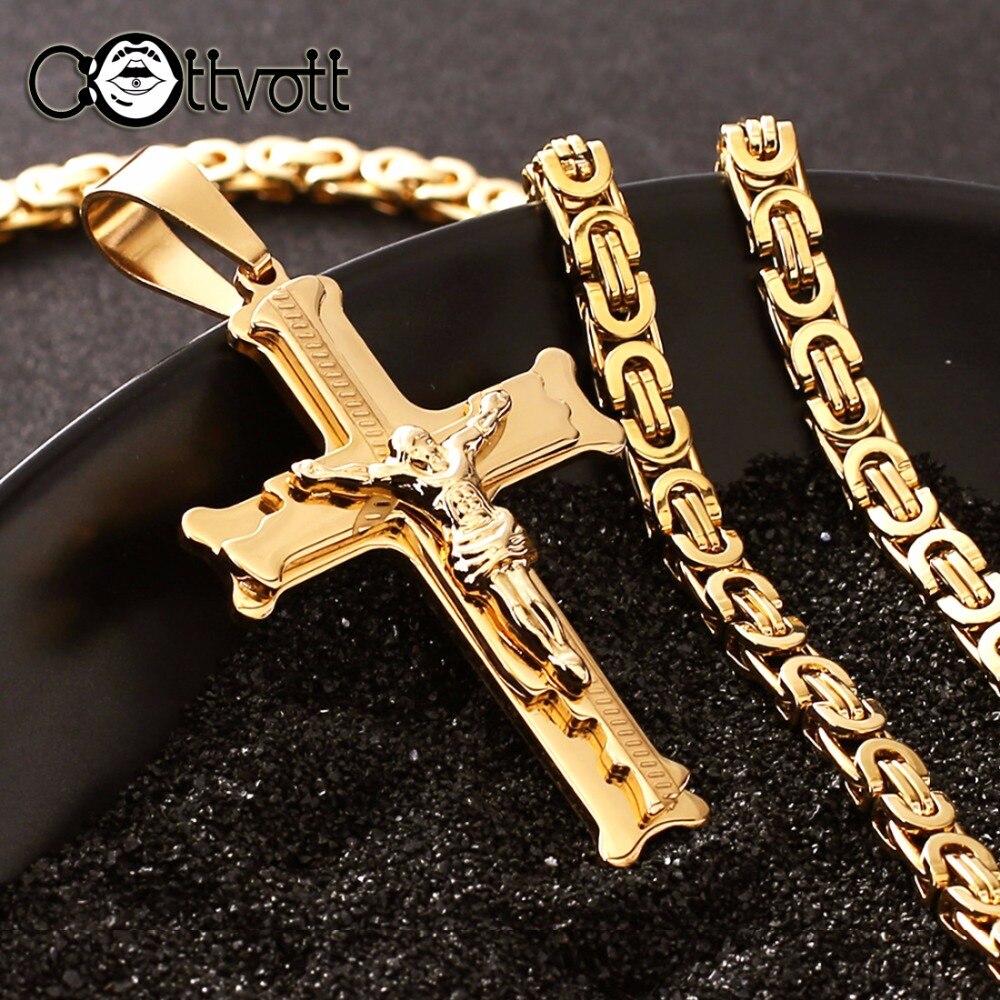 Goud Kleur Rvs Jesus Cross Hanger Ketting 6 Mm Link Byzantijnse Collier Lange Zware Mannen Sieraden Collares MN68