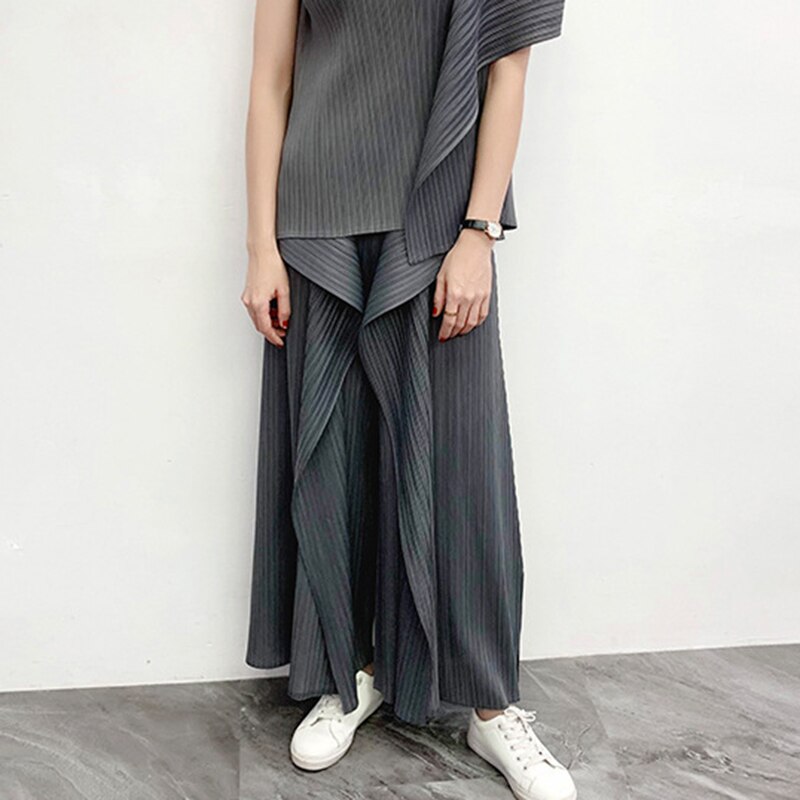 CHICEVER-Pantalones lisos de cintura alta para mujer, pantalón informal, liso de talla grande, fruncido, de pierna ancha, ropa de , estilo: Gray