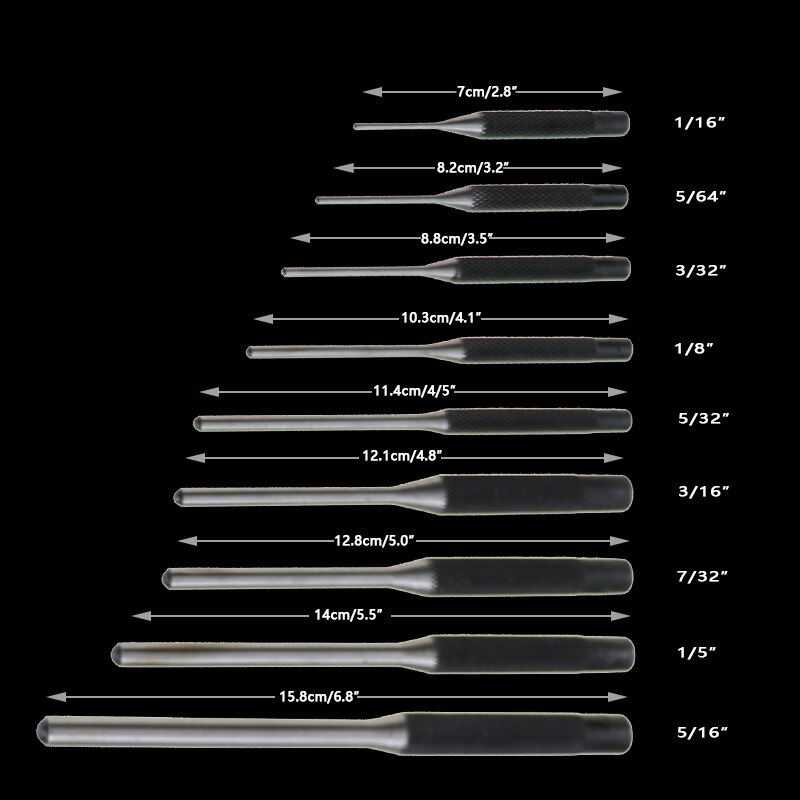 Nowy zestaw 13 okrągłe kołki, rozmiary 1/16, 5/64, 3/32, 1/8, 5/32, 3/16, 7/32, 1/4, 5/16 Szpilka dziurkacz stalowy narzędzie z uchwytem