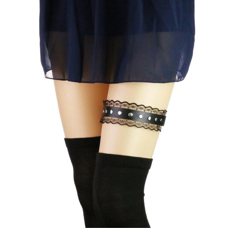 Harnais de jambe en Faux cuir pour femmes, dentelle festonnée, gothique Punk, jarretelles, ceinture cloutée, anneau de cuisse élastique réglable X4YC