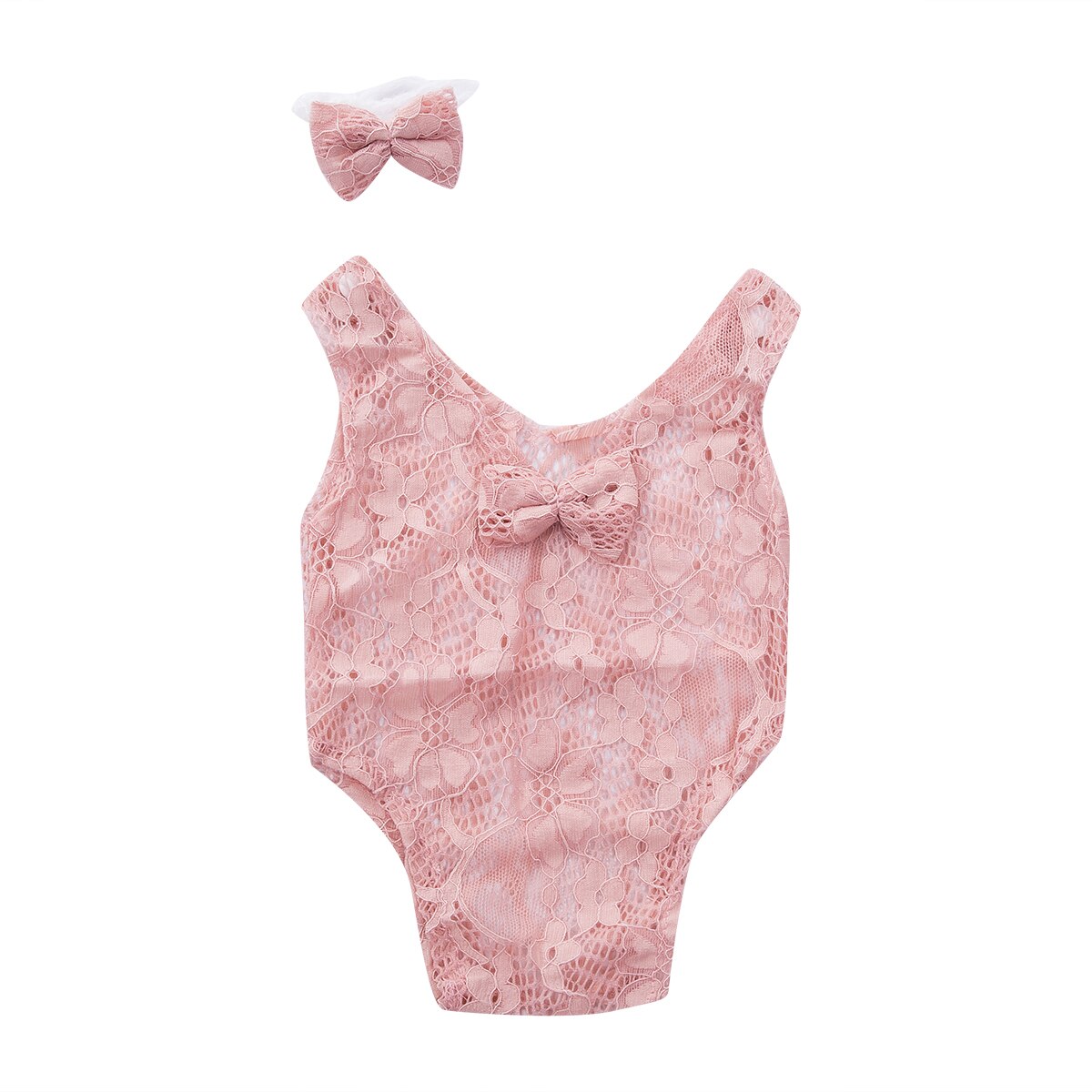 Brand Newborn Baby Boys Girls Lace Bow Bodysuit Stretch Headband Infant Photography Photo Prop Jumpsuit Cute Clothes: Pink