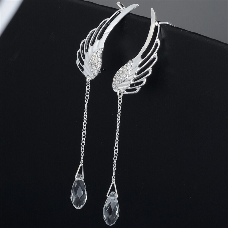 Silver Plated Angel Wing Stylist Crystal Earrings Dangle Ear Stud For Women Long Cuff Earring Bohemia Jewelrys