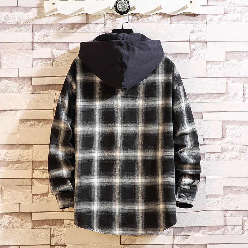 Plaid Men Long Sleeve Shirt Loose Japanese Streetwear Casual Shirts With Hoodied Plus Asian Size M-5XL