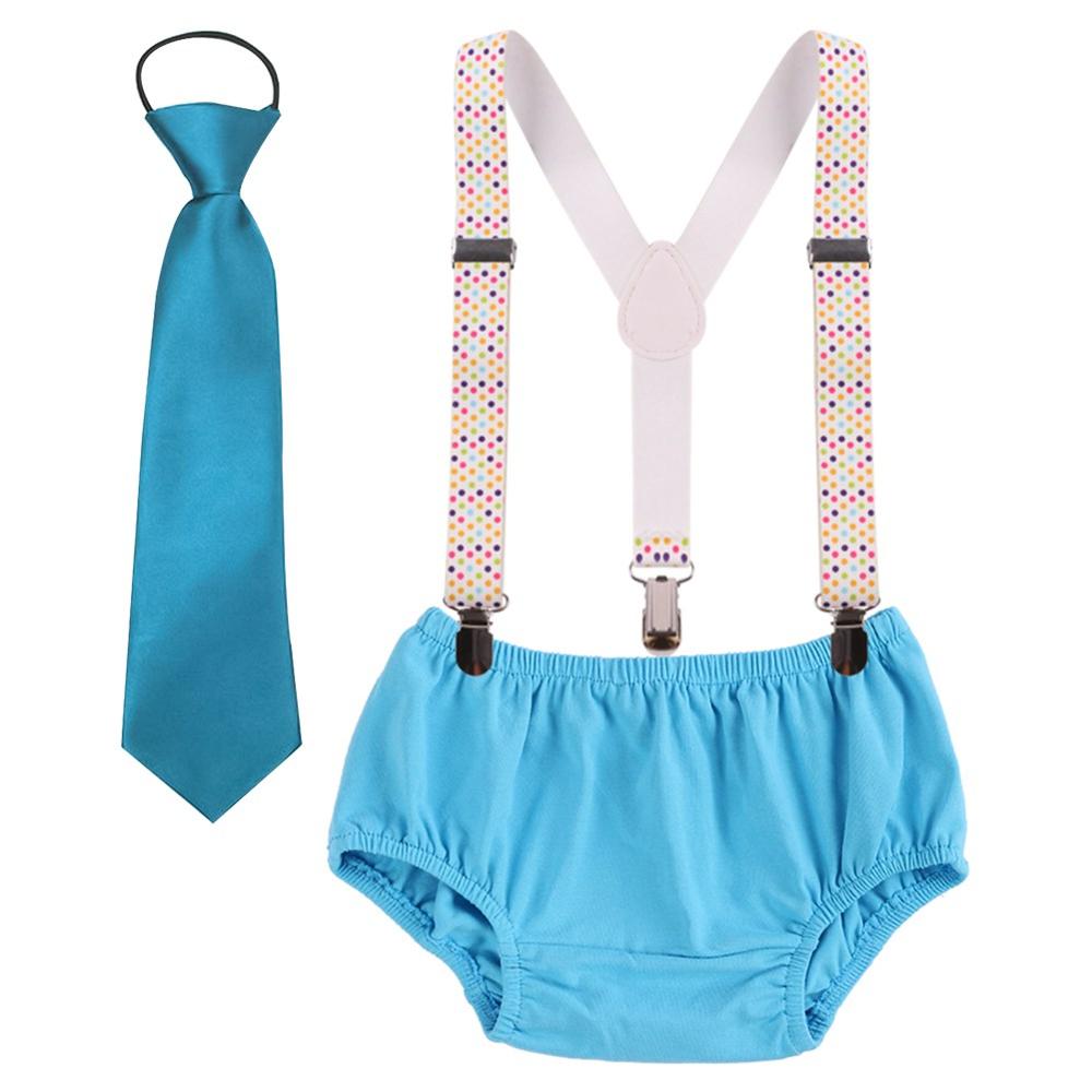 Vêtements pour bébé garçon et fille, tenue de fête d'anniversaire, short à bretelles et cravate, mignon, 3 pièces, pour séance Photo: Sky Blue D