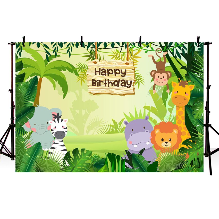 Jungle Safari Party Photo Achtergrond Dieren Bos Fotografie Achtergrond Baby Gelukkige Verjaardag Thema Party Banner Decoratie