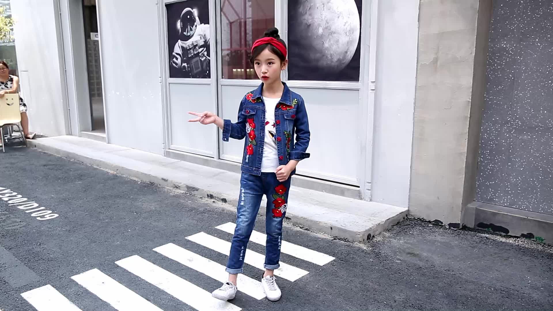 Embroidered Flower Kids Spring Autumn Long Sleeve Outfit Girl Jean Kids Denim Clothing Single Jacket